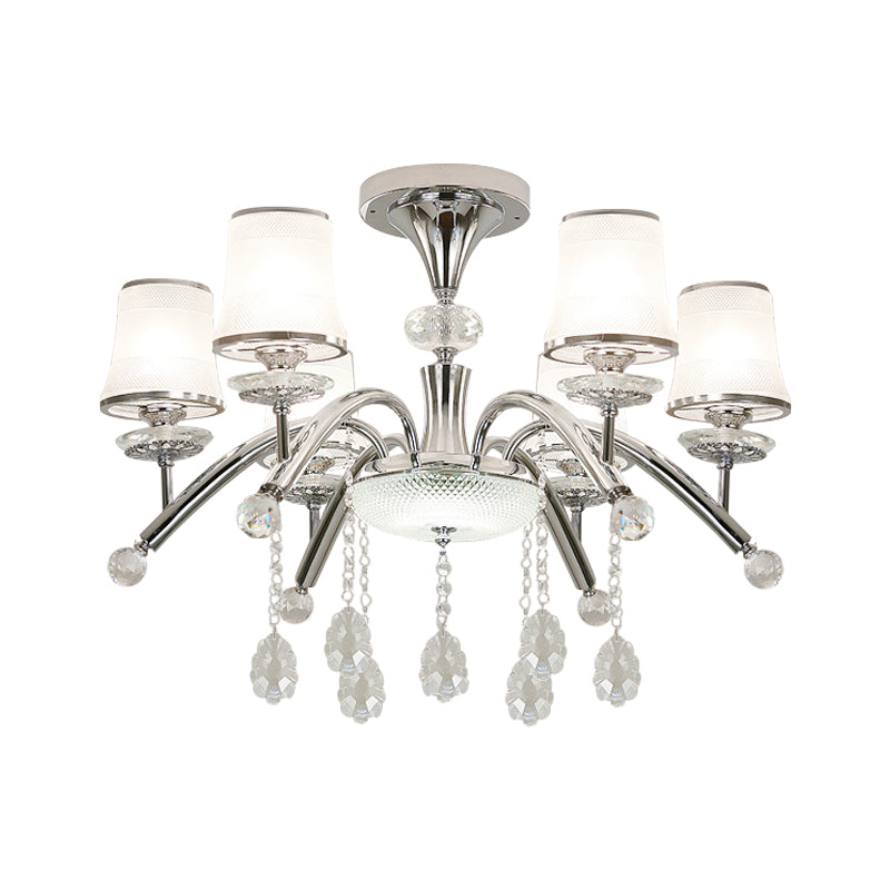 Plafonnier semi-encastré contemporain en forme de cloche avec pendentif en cristal - Plafonnier chromé à 6 ampoules en verre dépoli