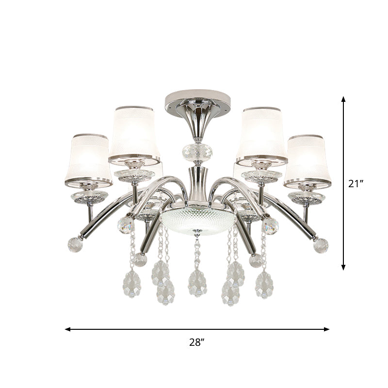 Plafonnier semi-encastré contemporain en forme de cloche avec pendentif en cristal - Plafonnier chromé à 6 ampoules en verre dépoli