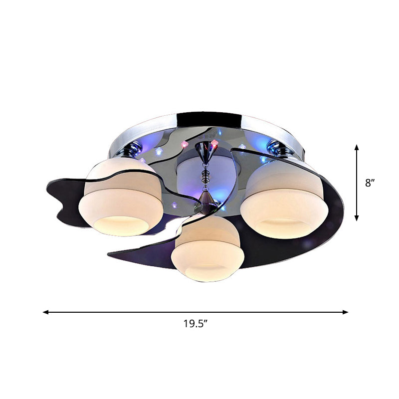 Minimalist Crystal Flush Mount Light with Moon and Star Design, 3 Heads and White Glass Shade