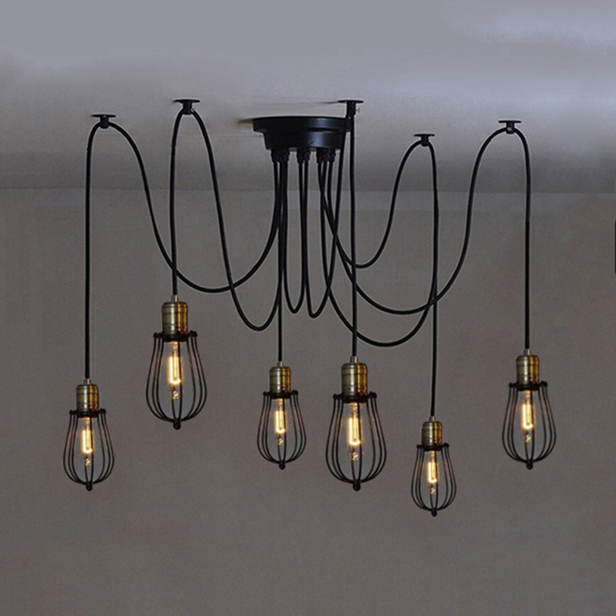 Vintage Black Metal Spider Suspension Light - 6-Light Ceiling Fixture with Small Cage Shade for Kitchen