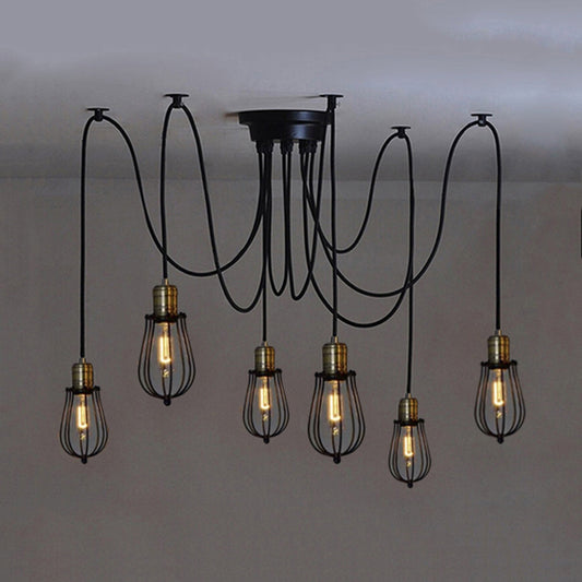 Vintage Black Metal Spider Suspension Light - 6-Light Ceiling Fixture with Small Cage Shade for Kitchen
