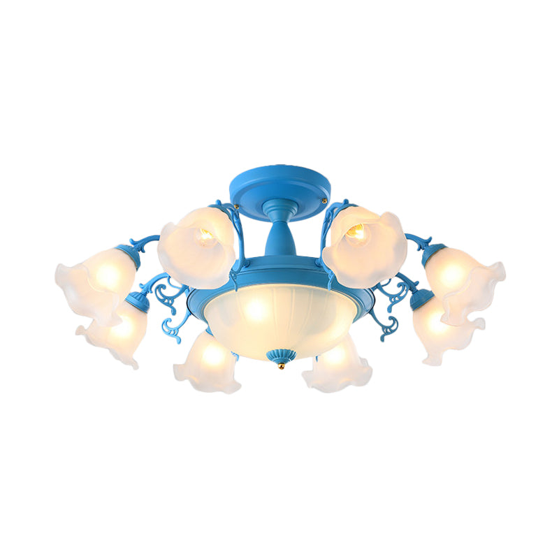 Semi Flush Chandelier - Korean Garden Parlor Ceiling Light with Rotating Bell Frosted Glass Shade in Grey/Blue (8/11 Heads)