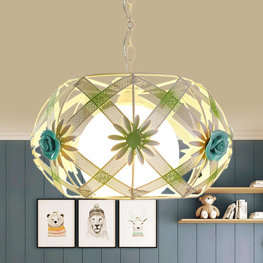 Pastoral Pink/Blue Iron Hanging Lamp: Ribbon Strap Pendant Light With Glass Shade Blue