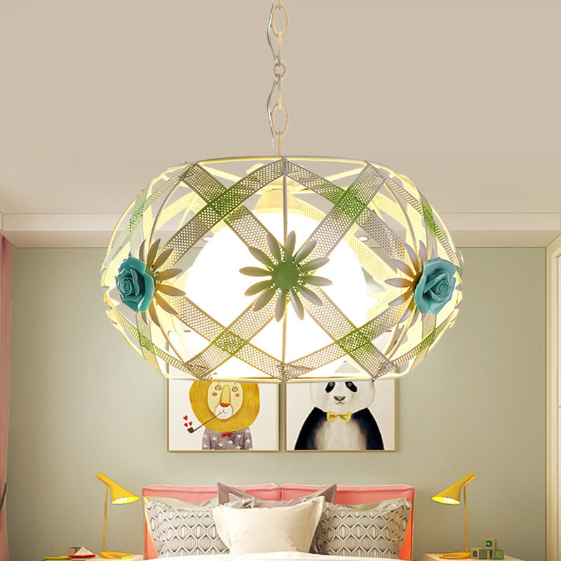 Pastoral Pink/Blue Iron Hanging Lamp: Ribbon Strap Pendant Light With Glass Shade