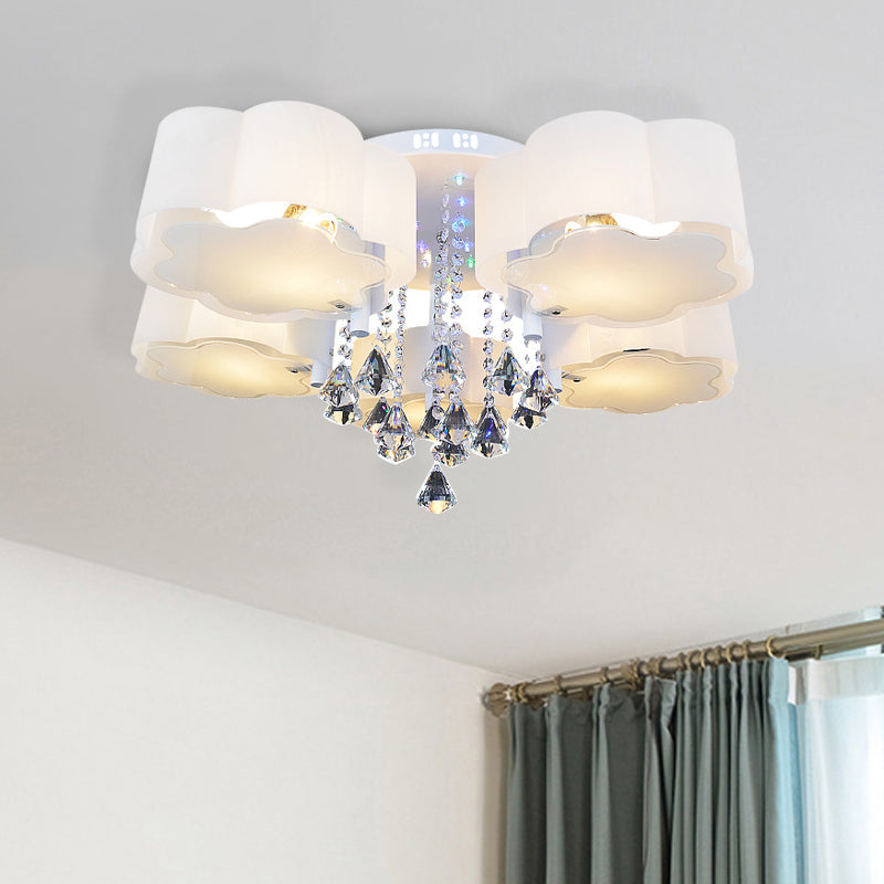Bloom Glass Flush Mount Lamp With Crystal Draping - Contemporary Design 3/5 Heads White Light