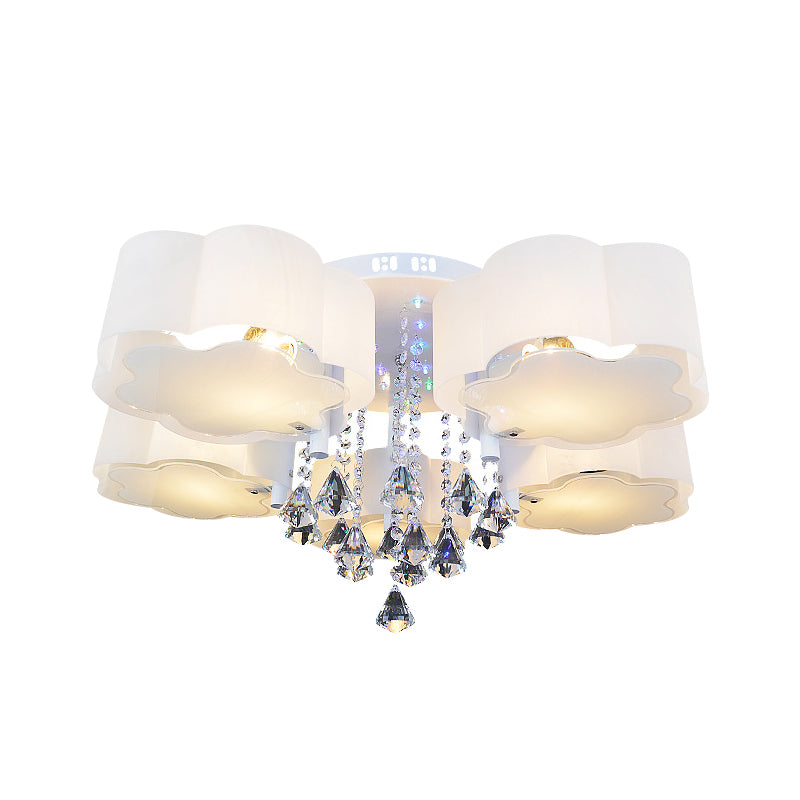 Bloom Glass Flush Mount Lamp with Crystal Draping - Contemporary Design, 3/5 Heads, White Light