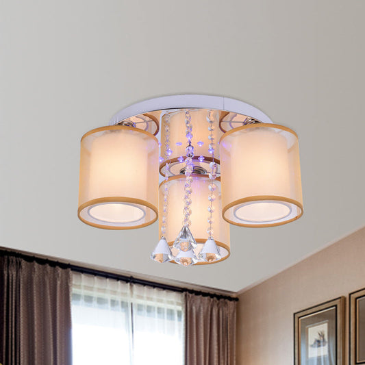 Modern Chrome Sheepskin Ceiling Light with Clear Crystal Accent - 3/7 Lights Cylinder Flush Mount