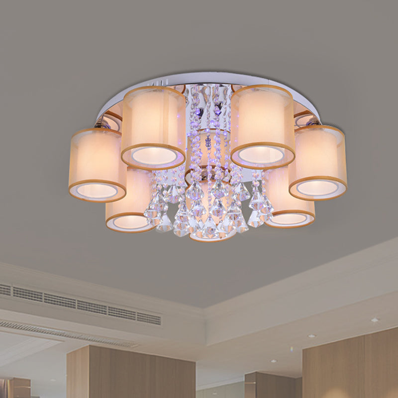 Modern Chrome Sheepskin Ceiling Light with Clear Crystal Accent - 3/7 Lights Cylinder Flush Mount