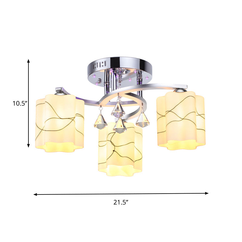 Sleek Chrome Ceiling Flush Mount with Frosted Glass Scalloped Semi Flush Design & Crystal Drop - 3/5 Bulbs