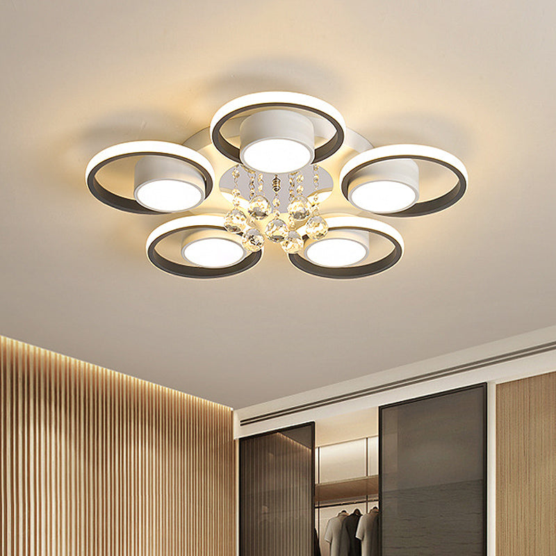 Modern Crystal Ball Circle Ceiling Lamp - 3/5 Lights Flush Mount for Bedroom in Black & White