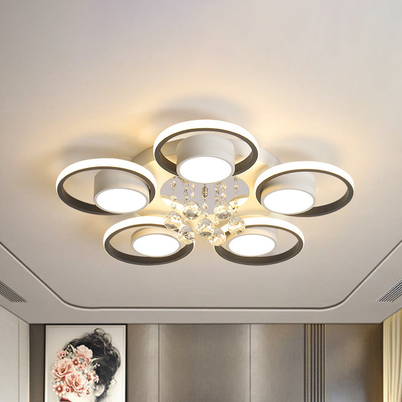Modern Crystal Ball Circle Ceiling Lamp - 3/5 Lights Flush Mount for Bedroom in Black & White