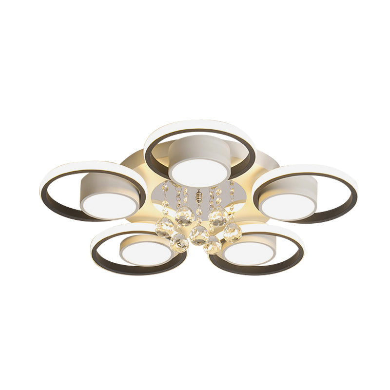 Modern Crystal Ball Circle Ceiling Lamp - 3/5 Lights Flush Mount for Bedroom in Black & White
