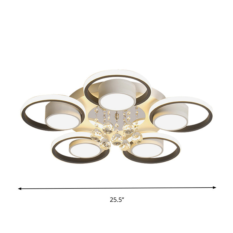 Modern Crystal Ball Circle Ceiling Lamp - 3/5 Lights Flush Mount for Bedroom in Black & White