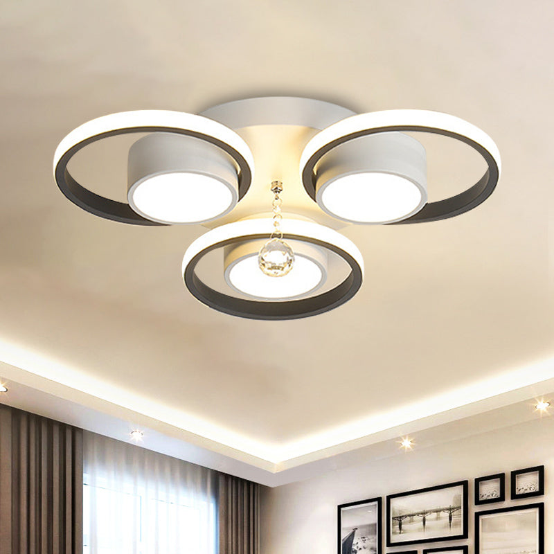 Modern Crystal Ball Circle Ceiling Lamp - 3/5 Lights Flush Mount for Bedroom in Black & White