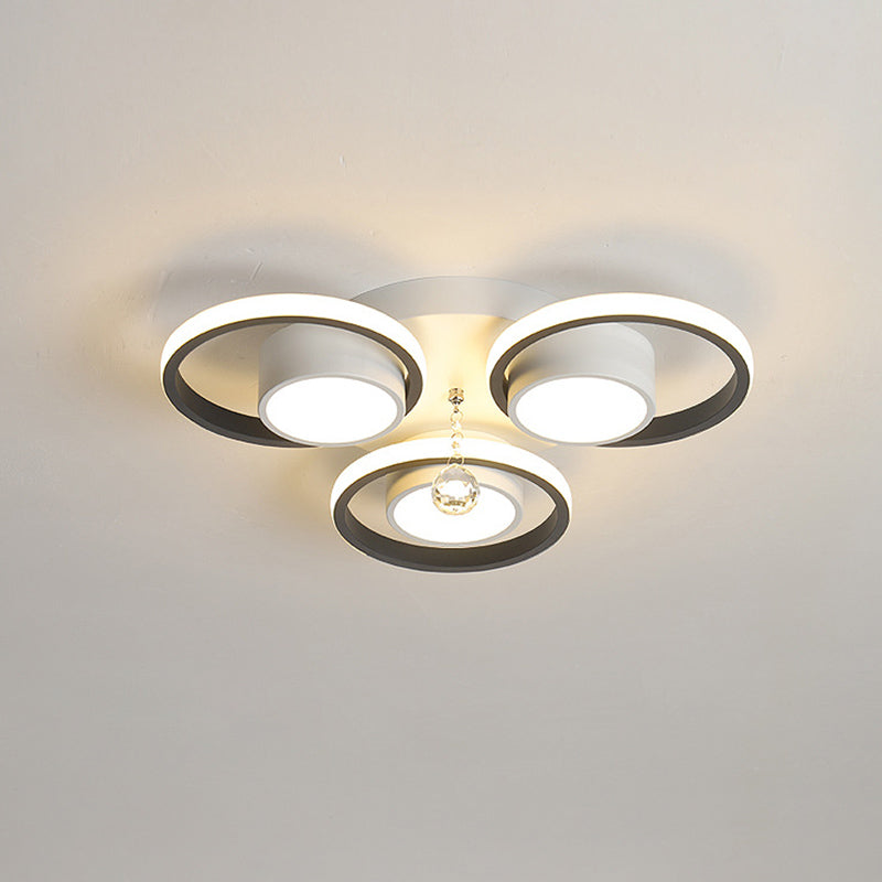 Modern Crystal Ball Circle Ceiling Lamp - 3/5 Lights Flush Mount for Bedroom in Black & White