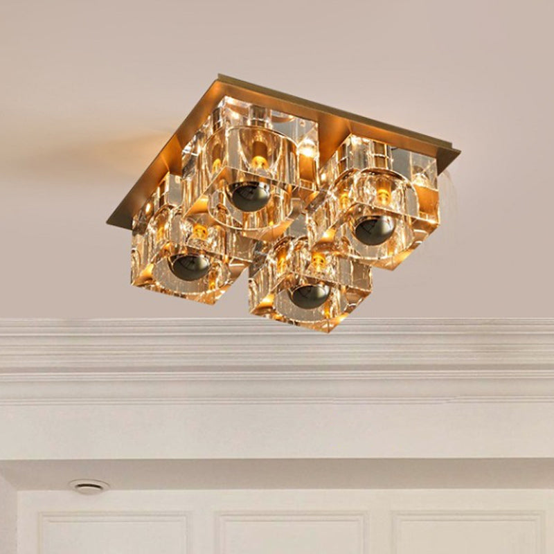 Minimalist Crystal Block 4-Head Brass Ceiling Light for Bedroom Flushmount Lighting