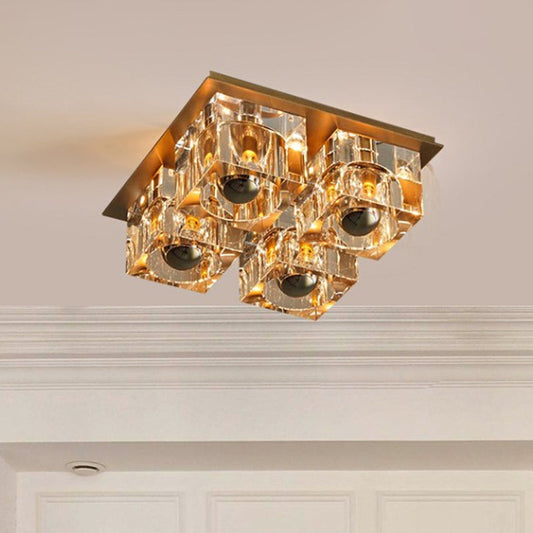 Minimalist Crystal Block 4-Head Brass Ceiling Light for Bedroom Flushmount Lighting
