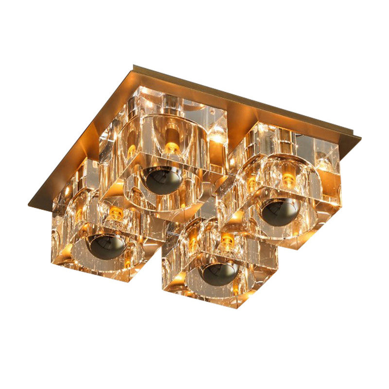 Minimalist Crystal Block 4-Head Brass Ceiling Light for Bedroom Flushmount Lighting