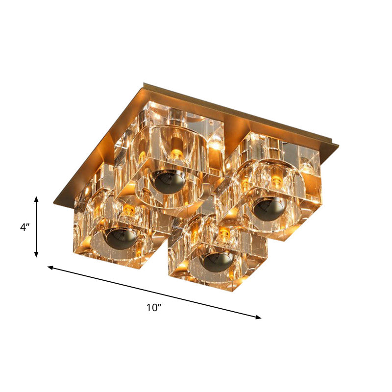 Minimalist Crystal Block 4-Head Brass Ceiling Light for Bedroom Flushmount Lighting
