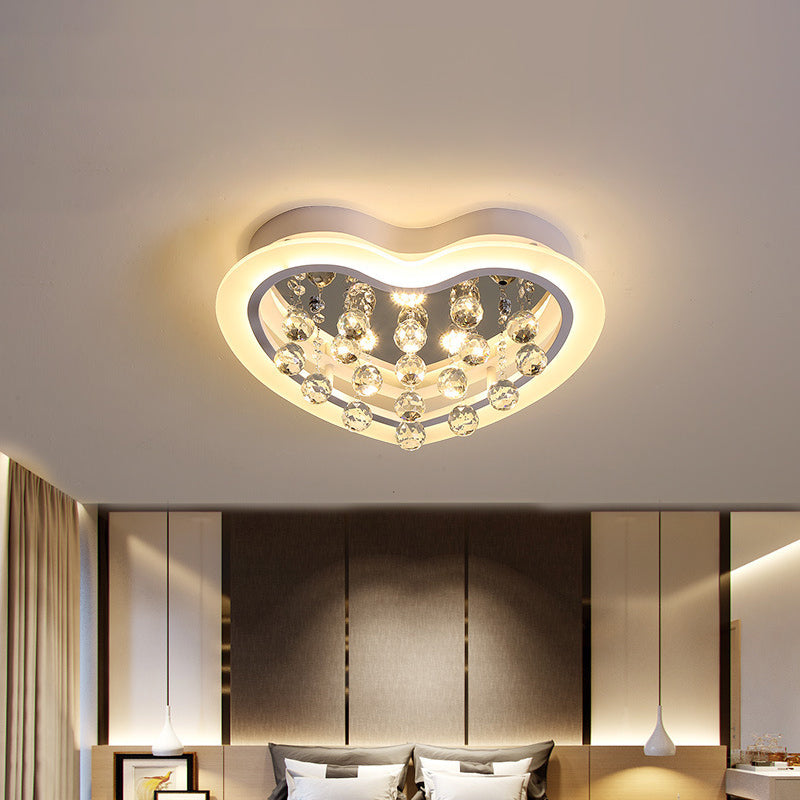 Minimalist LED Heart Ceiling Light in White with Crystal Orb - 16"/19.5" Acrylic Flush Fixture for Bedroom