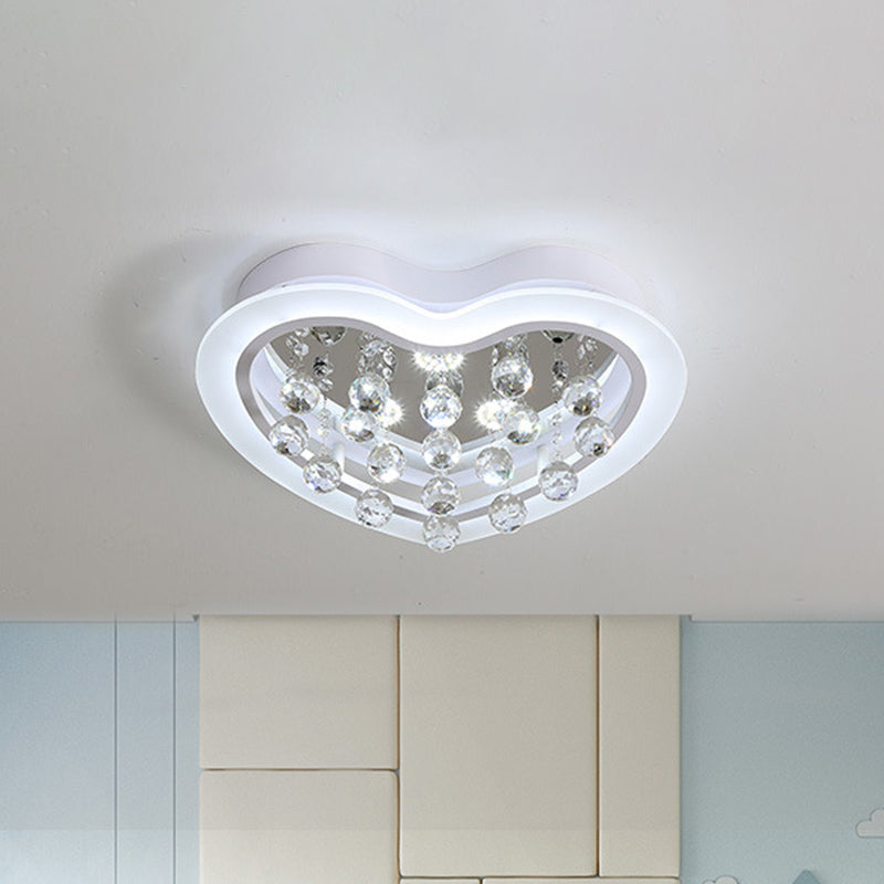 Minimalist LED Heart Ceiling Light in White with Crystal Orb - 16"/19.5" Acrylic Flush Fixture for Bedroom