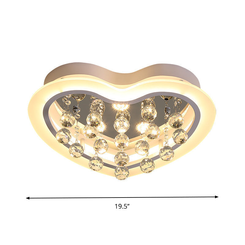 Minimalist LED Heart Ceiling Light in White with Crystal Orb - 16"/19.5" Acrylic Flush Fixture for Bedroom
