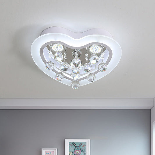 Minimalist LED Heart Ceiling Light in White with Crystal Orb - 16"/19.5" Acrylic Flush Fixture for Bedroom