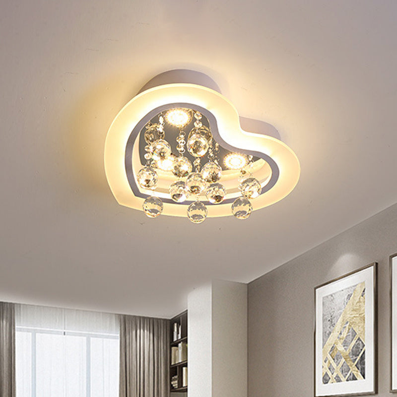 Minimalist LED Heart Ceiling Light in White with Crystal Orb - 16"/19.5" Acrylic Flush Fixture for Bedroom