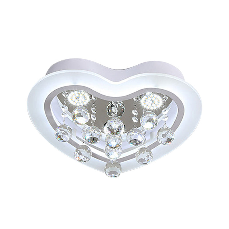 Minimalist LED Heart Ceiling Light in White with Crystal Orb - 16"/19.5" Acrylic Flush Fixture for Bedroom