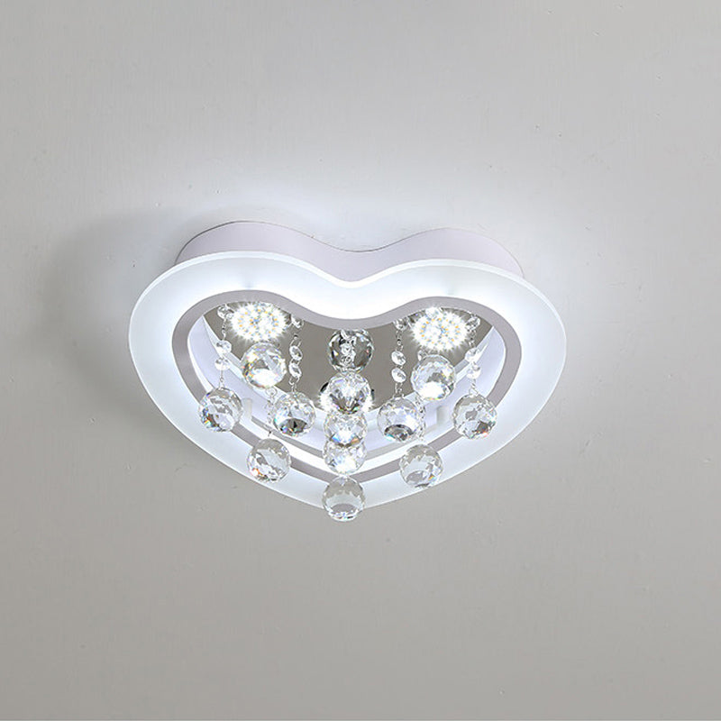 Minimalist LED Heart Ceiling Light in White with Crystal Orb - 16"/19.5" Acrylic Flush Fixture for Bedroom