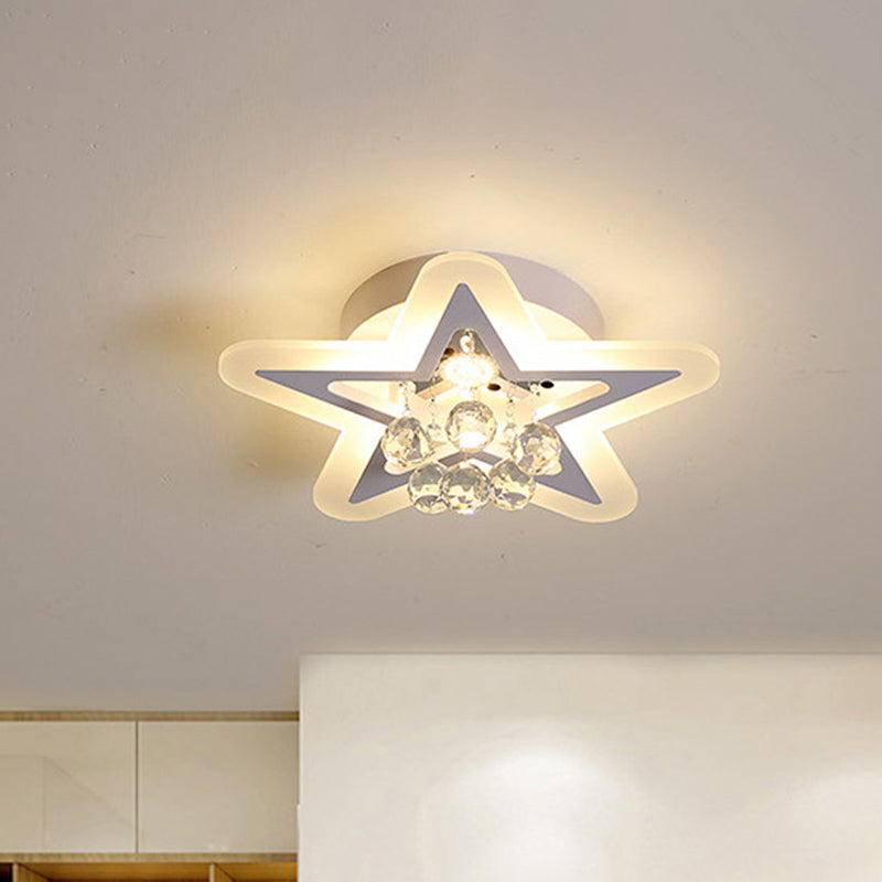 Minimalist LED Star Ceiling Light Fixture, White Acrylic Flushmount, Crystal Sphere, 16"/19.5" Wide