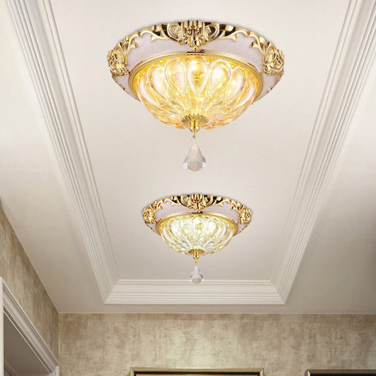 Modern Amber Crystal Glass LED Ceiling Flush Mount with Gold Carved Edge