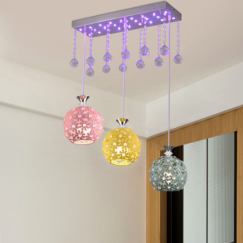 Contemporary Crystal Ball Pendant Light With Chrome Cluster - 3 Bulb Globe Design