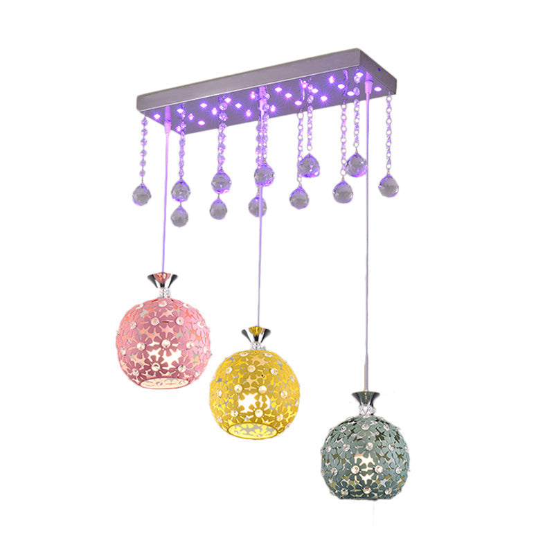 Contemporary Crystal Ball Pendant Light With Chrome Cluster - 3 Bulb Globe Design
