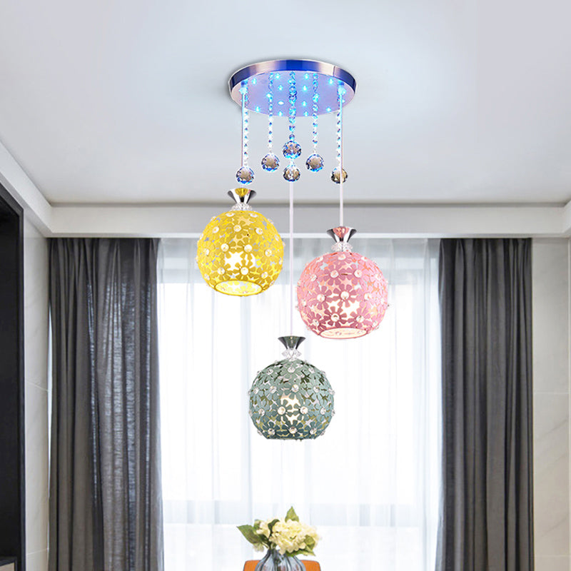 Modern Crystal Ball Chrome Pendant Light with Cluster Design - 3-Bulb Hanging Fixture