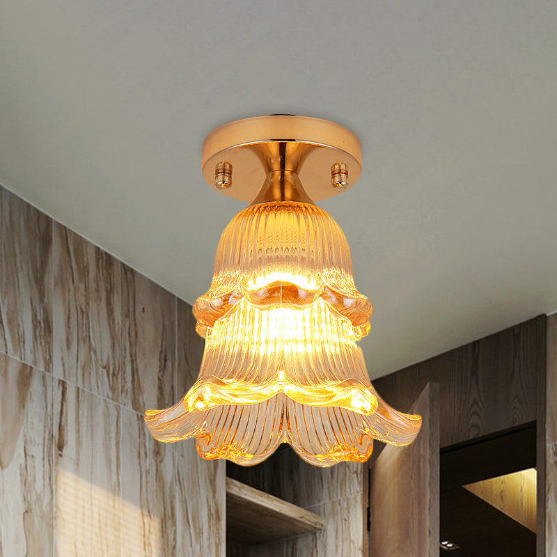 Amber Crystal Flower Corridor Ceiling Light with Gold Finish, Flush Mount, Single Bulb
