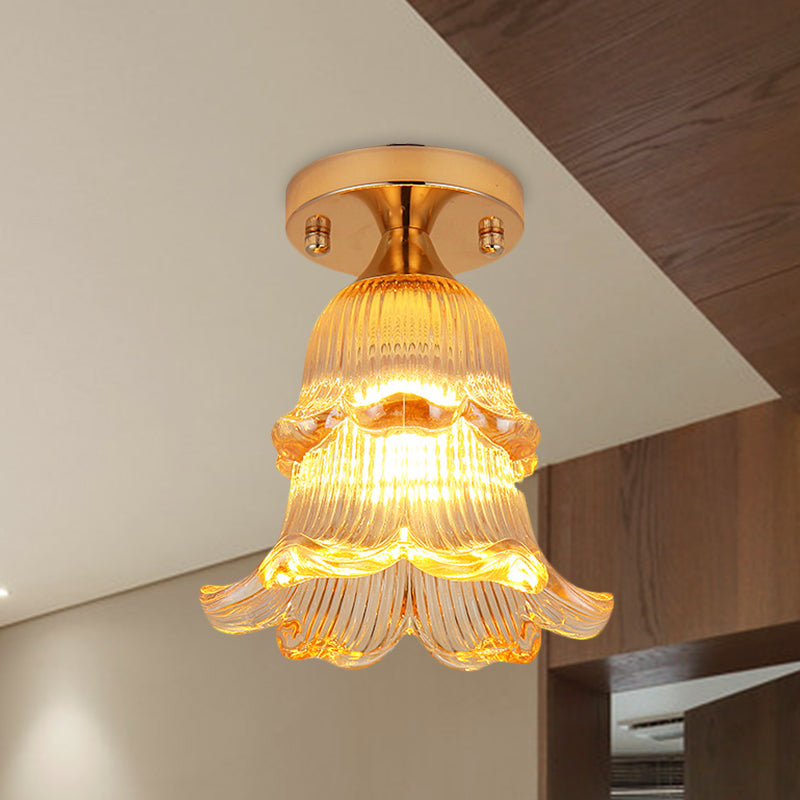 Amber Crystal Flower Corridor Ceiling Light with Gold Finish, Flush Mount, Single Bulb