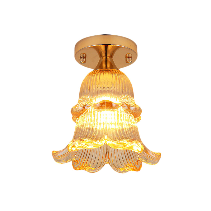Amber Crystal Flower Corridor Ceiling Light with Gold Finish, Flush Mount, Single Bulb