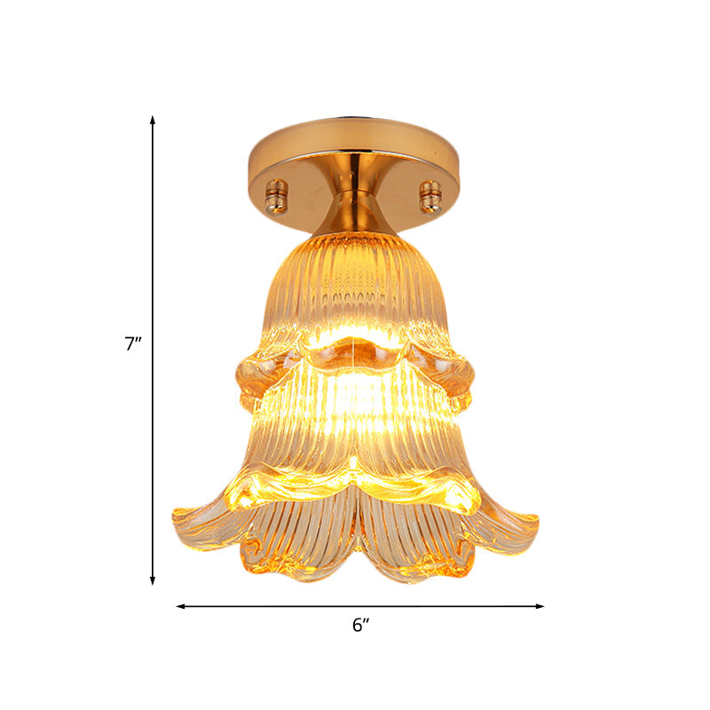 Amber Crystal Flower Corridor Ceiling Light with Gold Finish, Flush Mount, Single Bulb