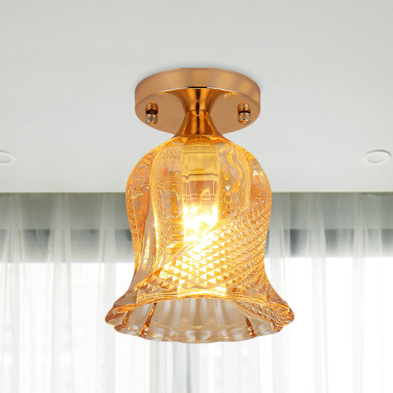 Amber Crystal Flower Corridor Ceiling Light with Gold Finish, Flush Mount, Single Bulb