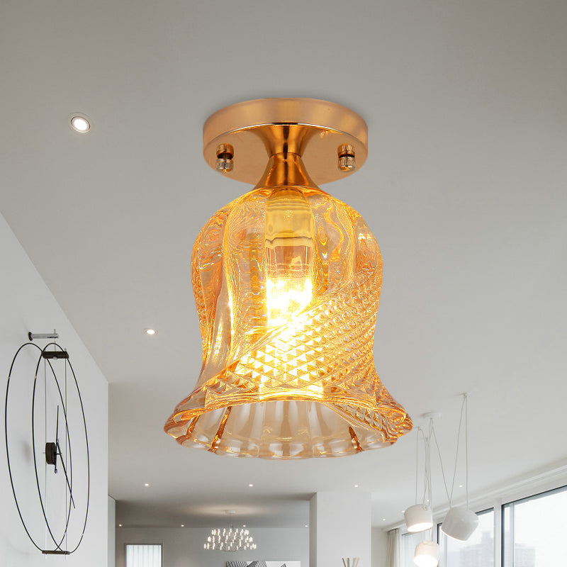 Amber Crystal Flower Corridor Ceiling Light with Gold Finish, Flush Mount, Single Bulb