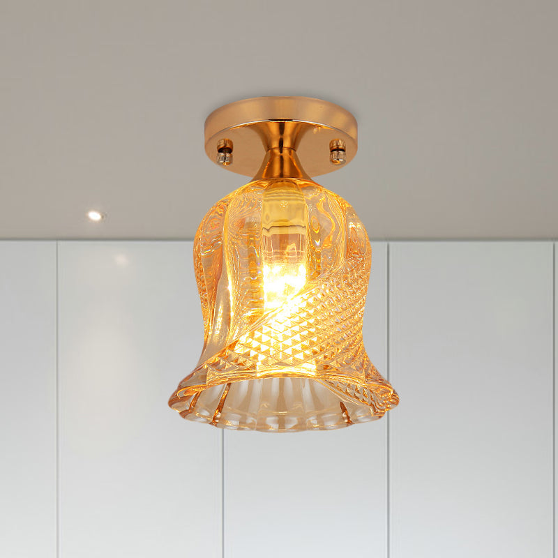 Amber Crystal Flower Corridor Ceiling Light with Gold Finish, Flush Mount, Single Bulb