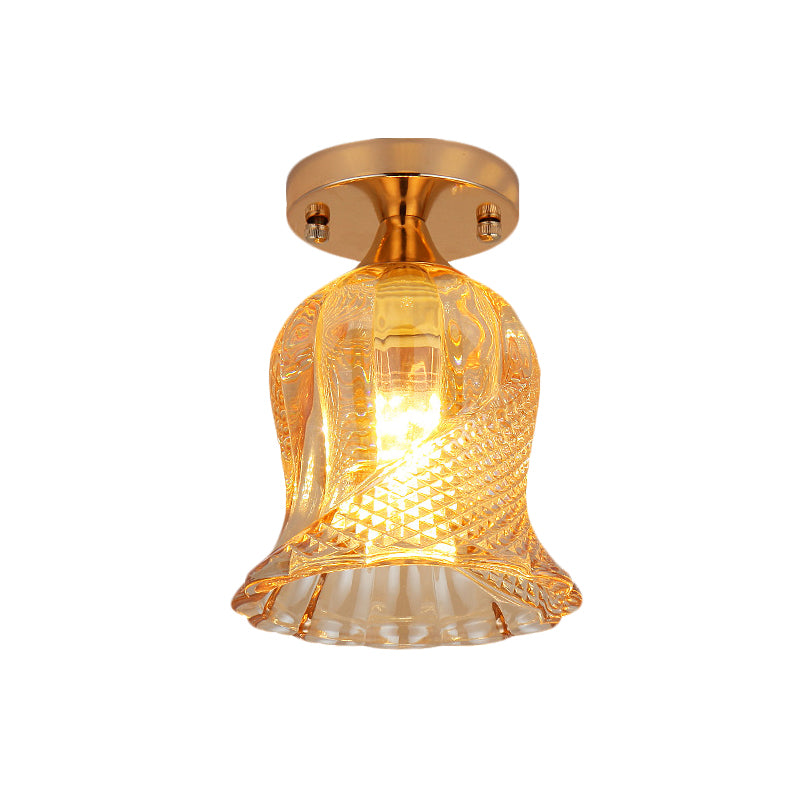 Amber Crystal Flower Corridor Ceiling Light with Gold Finish, Flush Mount, Single Bulb
