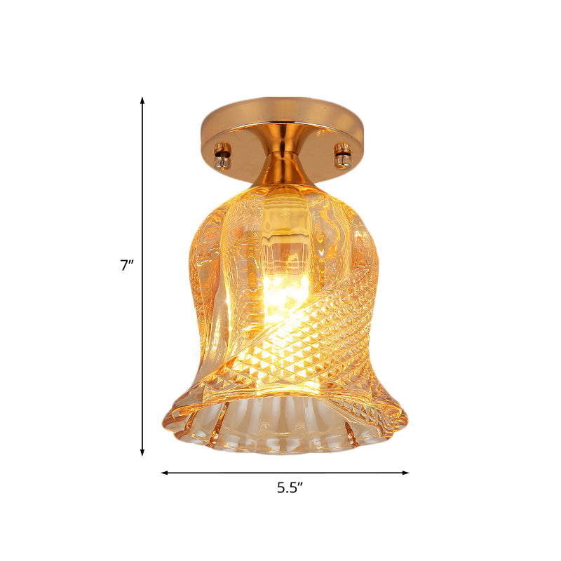 Amber Crystal Flower Corridor Ceiling Light with Gold Finish, Flush Mount, Single Bulb