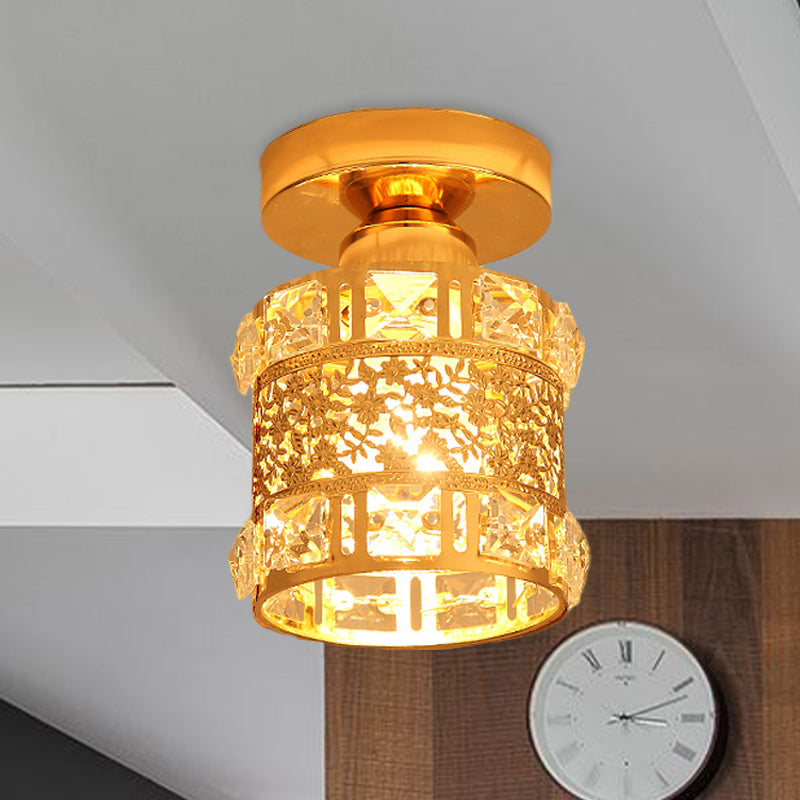 Gold Flush Mount Ceiling Light with Faceted Crystal - Minimalist Cylinder Design, Single Bulb