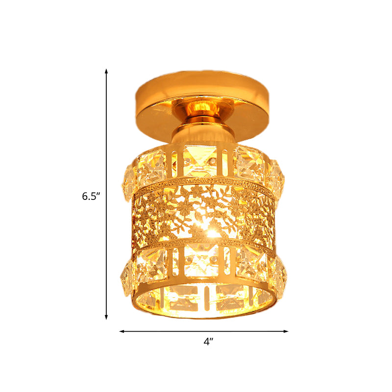 Gold Flush Mount Ceiling Light with Faceted Crystal - Minimalist Cylinder Design, Single Bulb