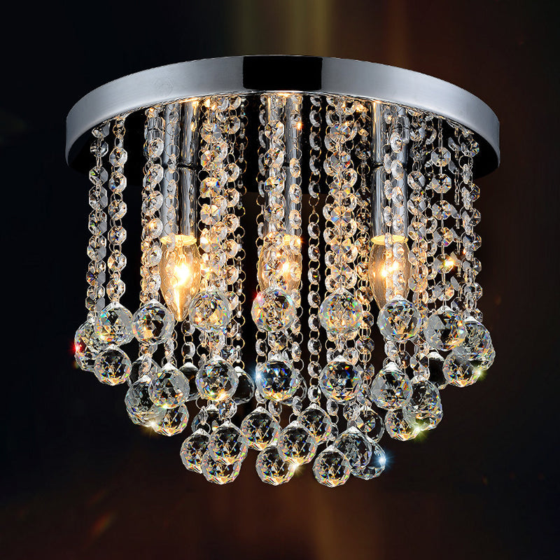 Modern Rain Crystal Flushmount Light Fixture - 3 Bulbs - Silver