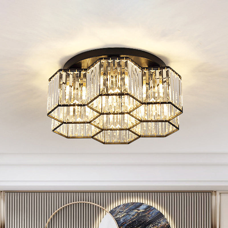 Simple Crystal Hexagonal Flush Mount Light Fixture for Bedroom - Black, 3/7 Heads Ceiling Lighting