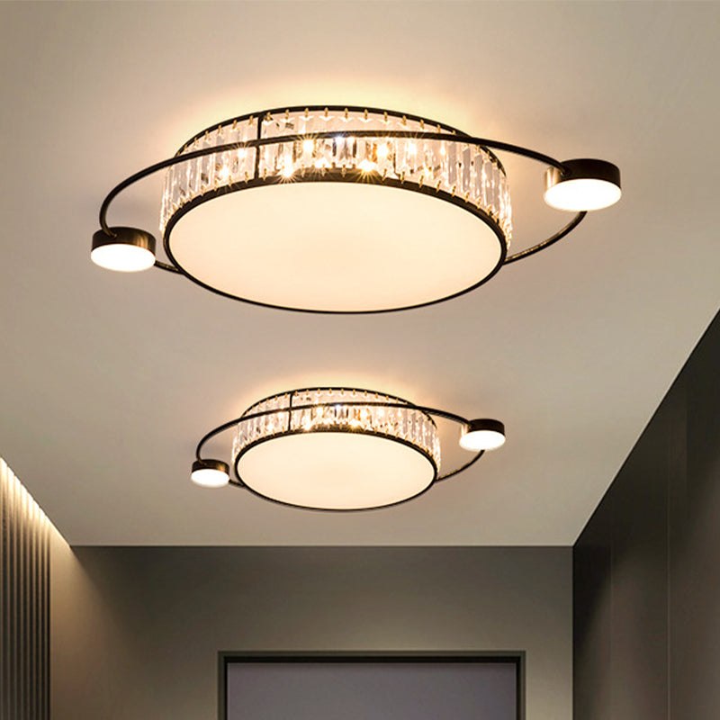 Modern K9 Crystal Black Flush Light Drum LED for Bedroom - 26"/31.5" W Flush Mount Lighting Fixture