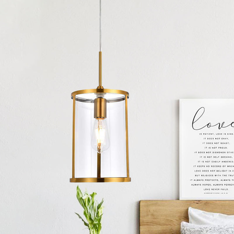 Modern Clear Glass Cylinder Pendant – 1-Bulb Gold/Nickel Hanging Lamp for Living Room